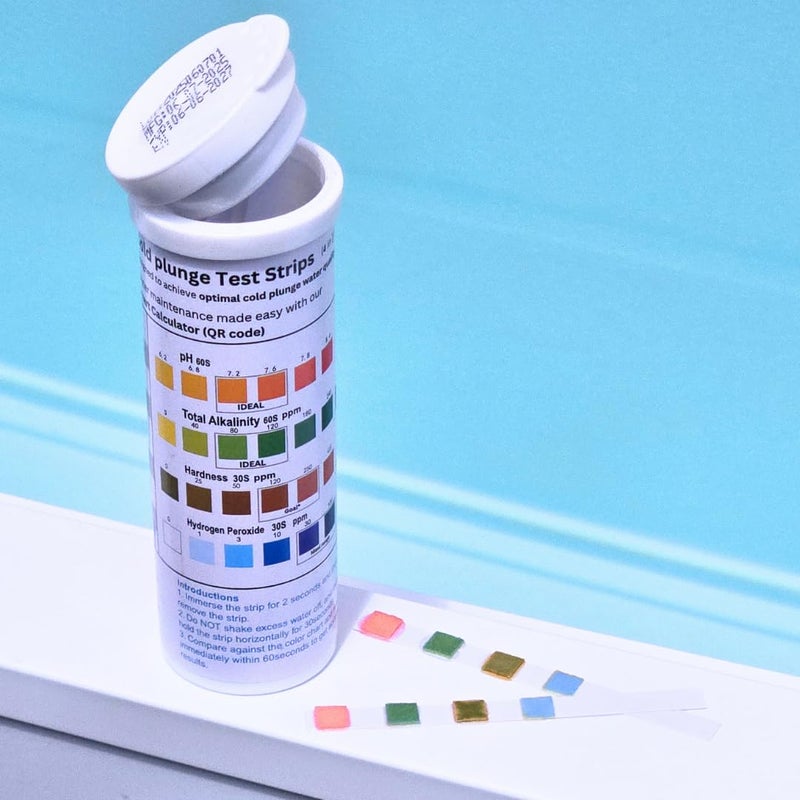 Caplide Cold Plunge Test Strips, 4-in-1 Water Quality Testing Kit, pH, Alkalinity, Hardness, Hydrogen Peroxide. Evaluate Your Cold Plunge Water Quality with A Single Strip. Smart QR Calculator to Help You - Image 1
